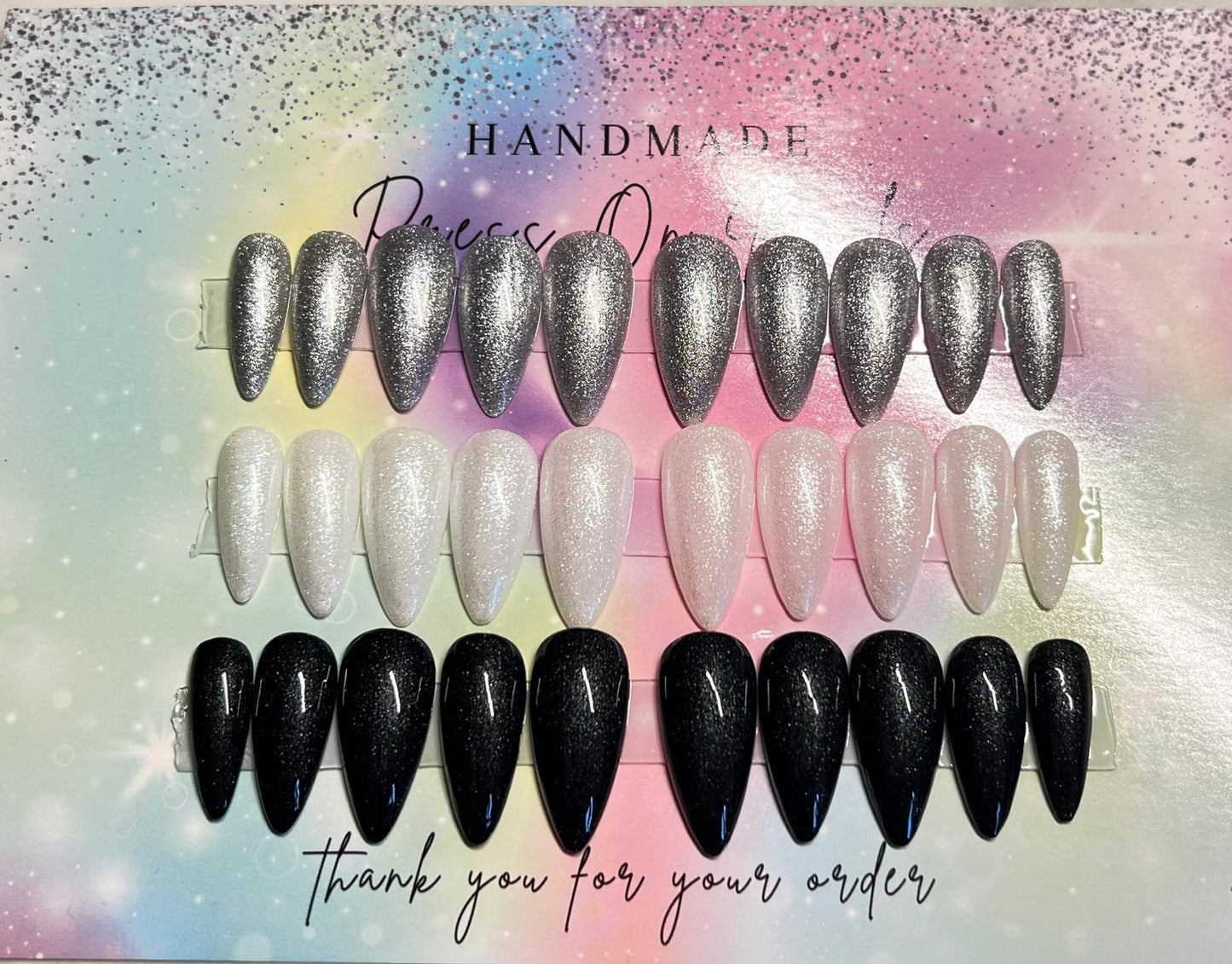 Monochro-Magic Trio Set of Glittery Black, Silver and White Handmade Press On Nails in Medium Length Almond Shape