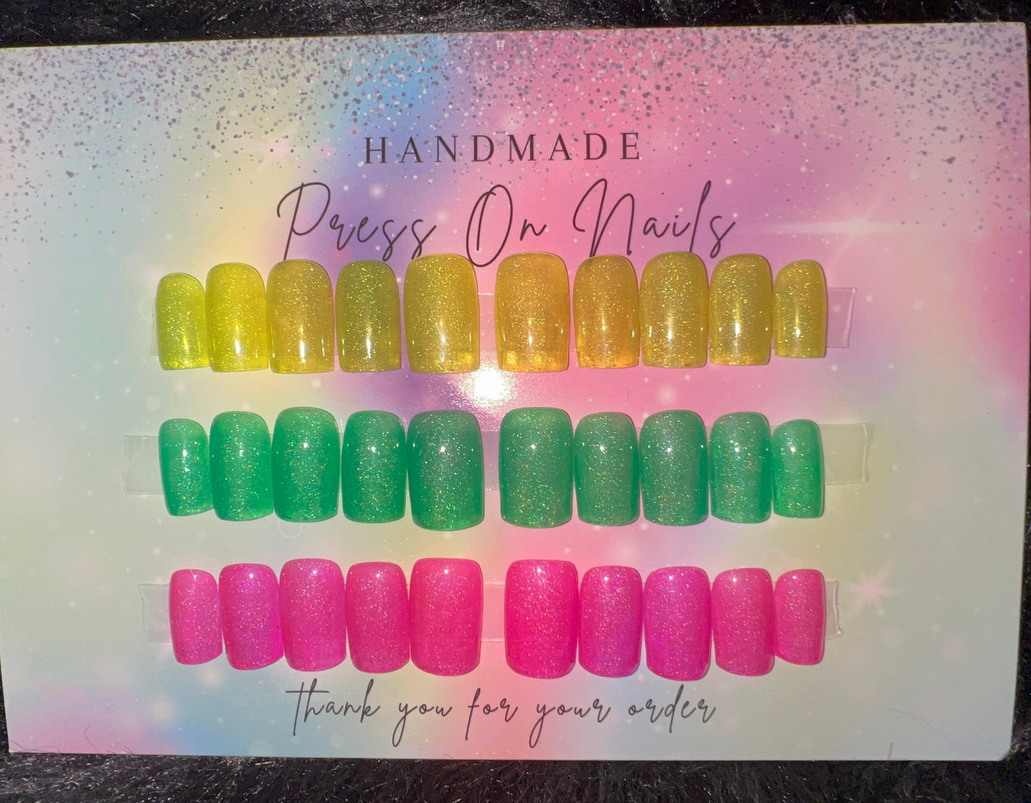 Handmade Press On Nails Melon Punch Trio Set of Short Square Holo Glitter Nails in Yellow, Green and Pink Colors