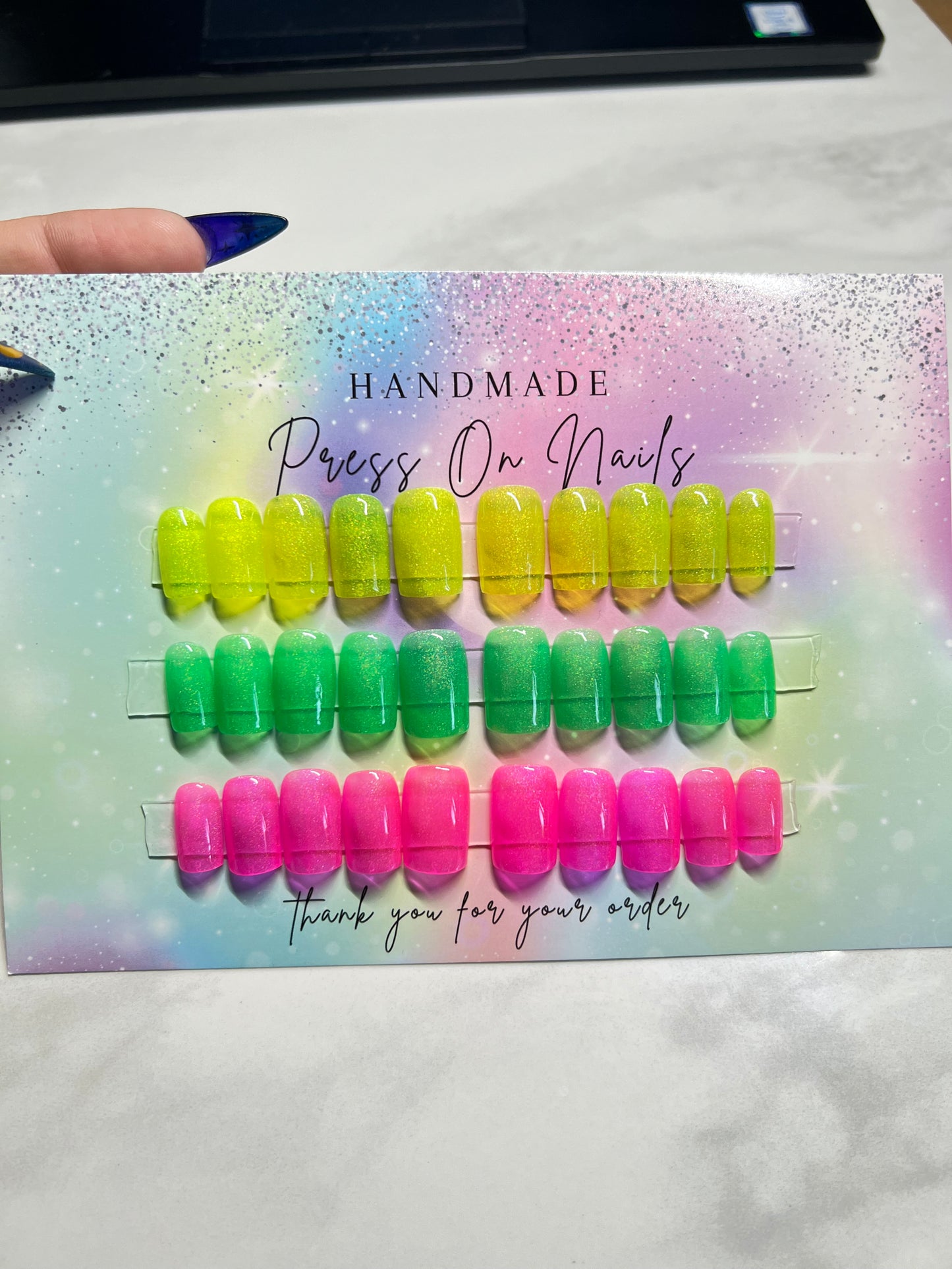 Handmade Press On Nails Melon Punch Trio Set of Short Square Holo Glitter Nails in Yellow, Green and Pink Colors