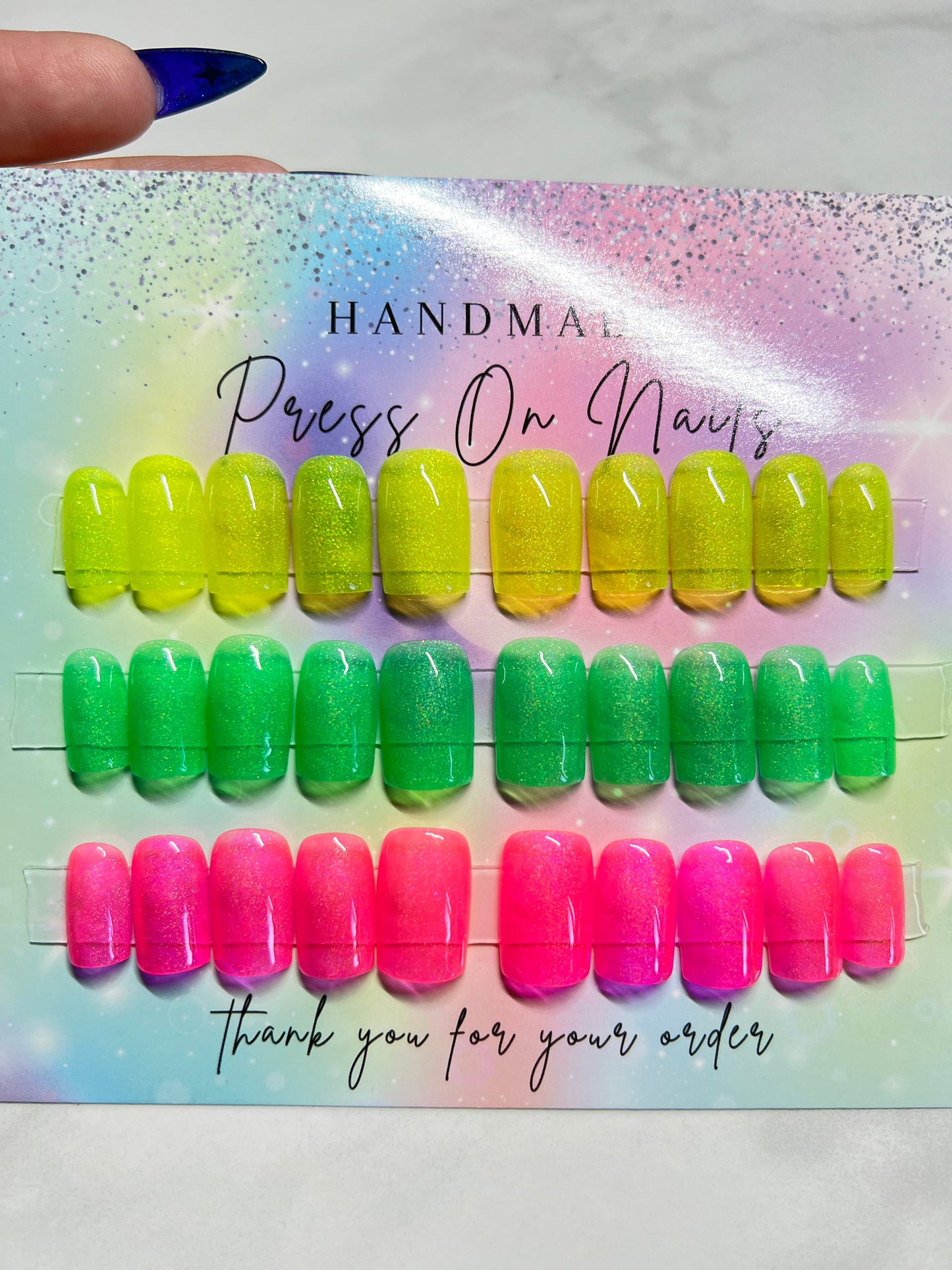 Handmade Press On Nails Melon Punch Trio Set of Short Square Holo Glitter Nails in Yellow, Green and Pink Colors