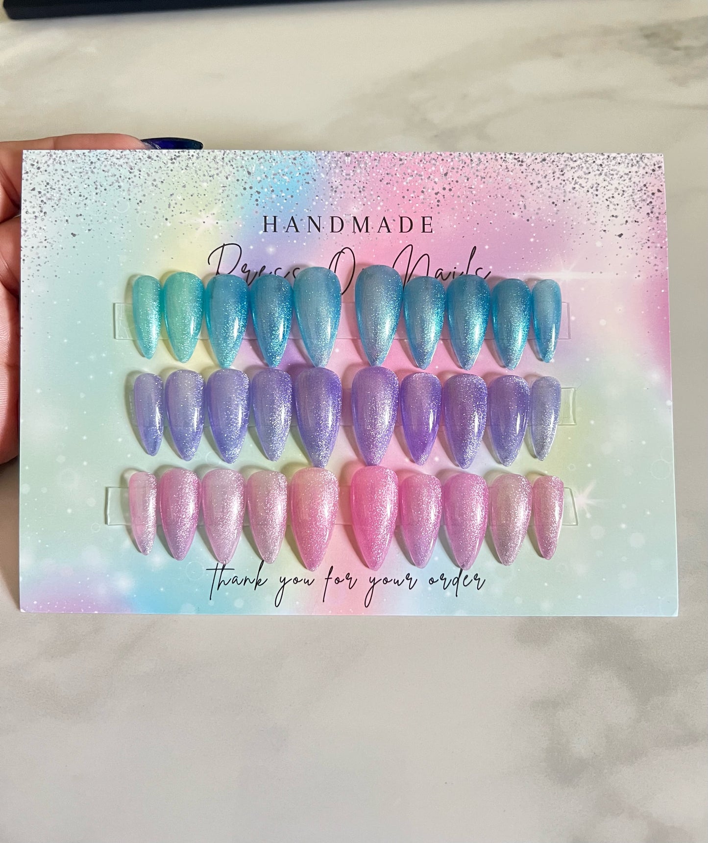 Handmade Press On Nails Trio Set of Pastel Cat Eye Shimmer Pink Blue and Purple Almond shaped