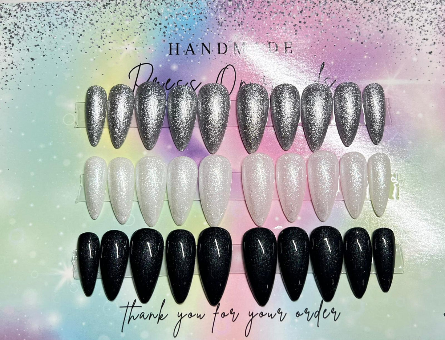 Monochro-Magic Trio Set of Glittery Black, Silver and White Handmade Press On Nails in Medium Length Almond Shape