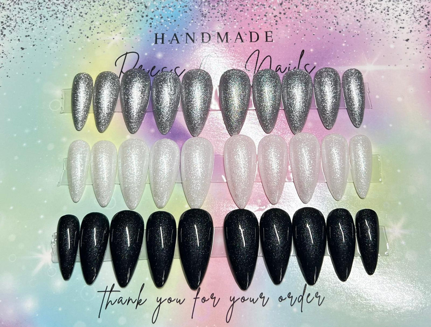 Monochro-Magic Trio Set of Glittery Black, Silver and White Handmade Press On Nails in Medium Length Almond Shape