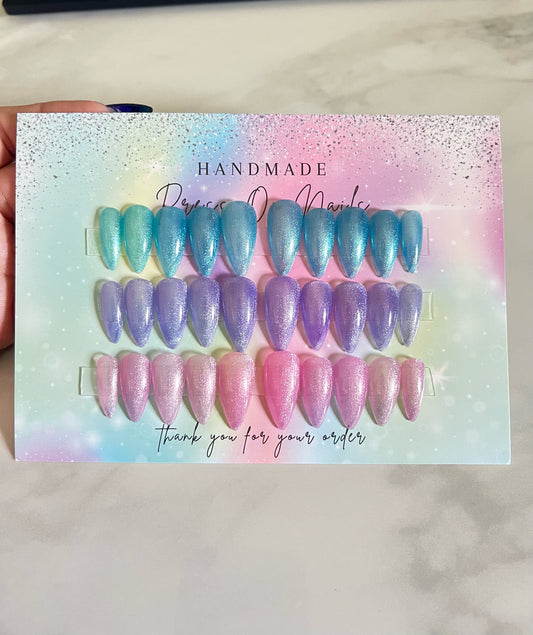 Handmade Press On Nails Trio Set of Pastel Cat Eye Shimmer Pink Blue and Purple Almond shaped
