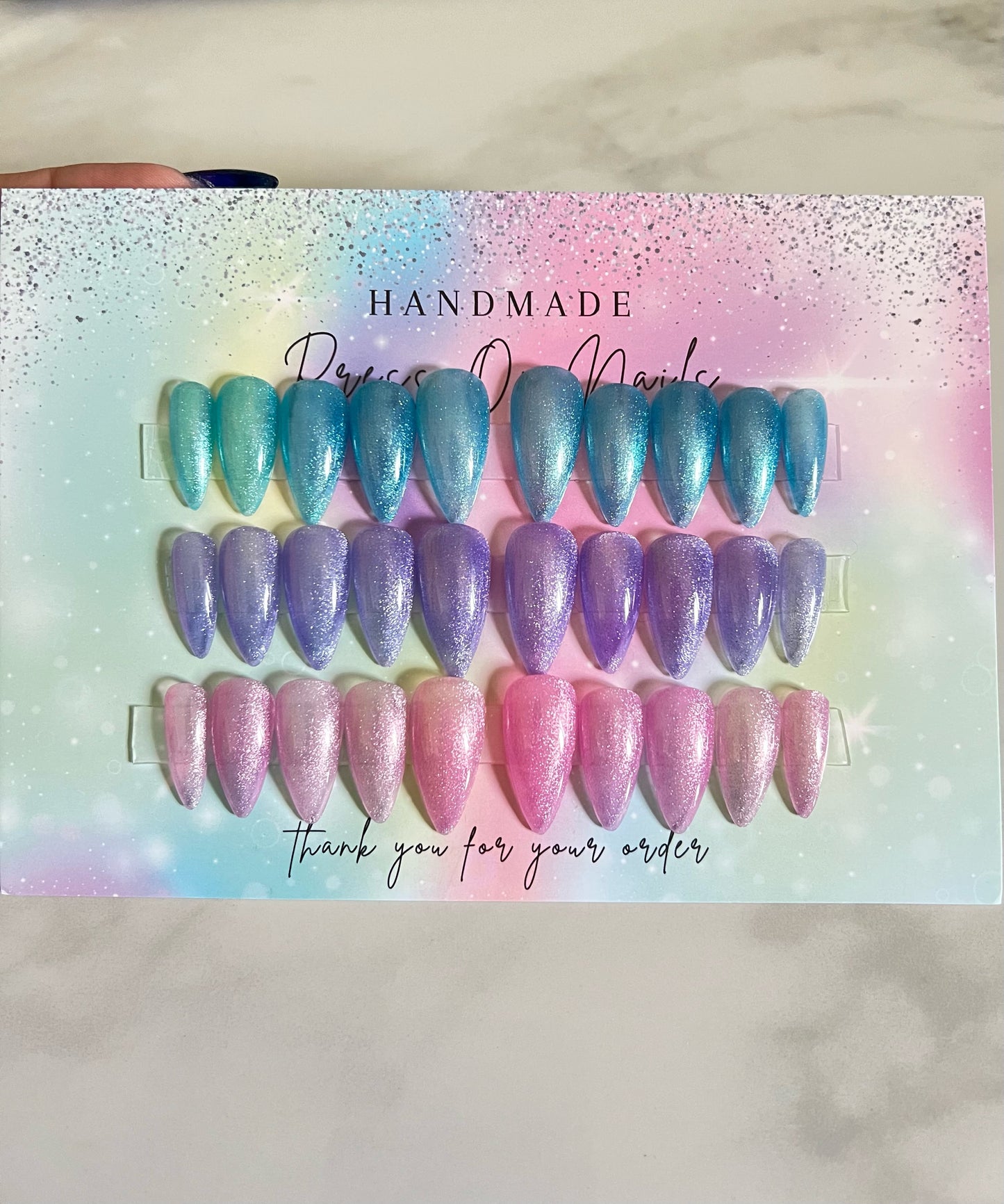 Handmade Press On Nails Trio Set of Pastel Cat Eye Shimmer Pink Blue and Purple Almond shaped