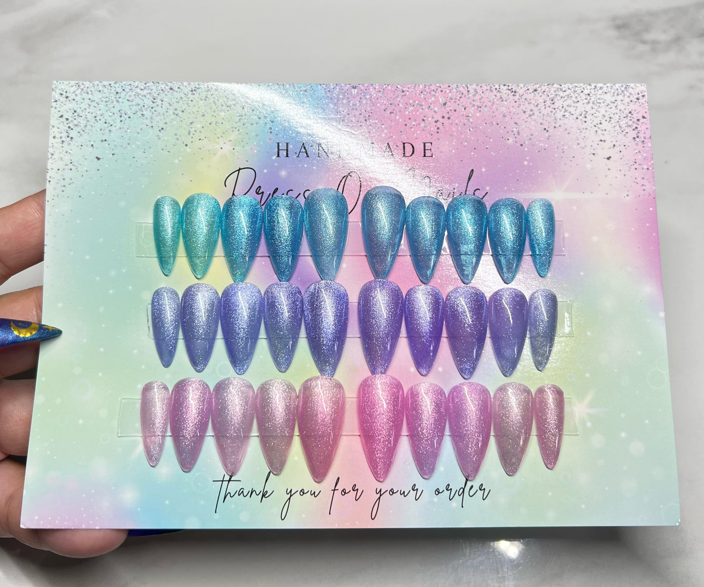 Handmade Press On Nails Trio Set of Pastel Cat Eye Shimmer Pink Blue and Purple Almond shaped